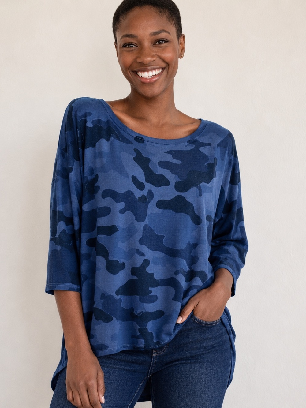 Michael Stars Blue Madison Brushed Camo Soft Stretch Jersey Knit Crewneck Top